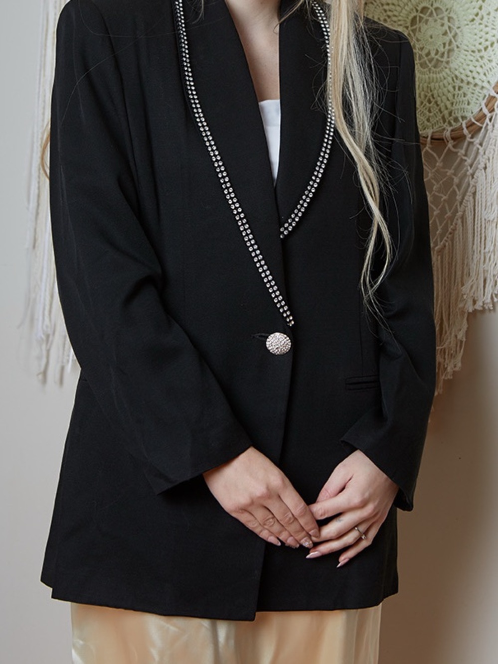 Vintage 90s Black Rhinestone-Trim Single-Button Blazer Jacket - Women L